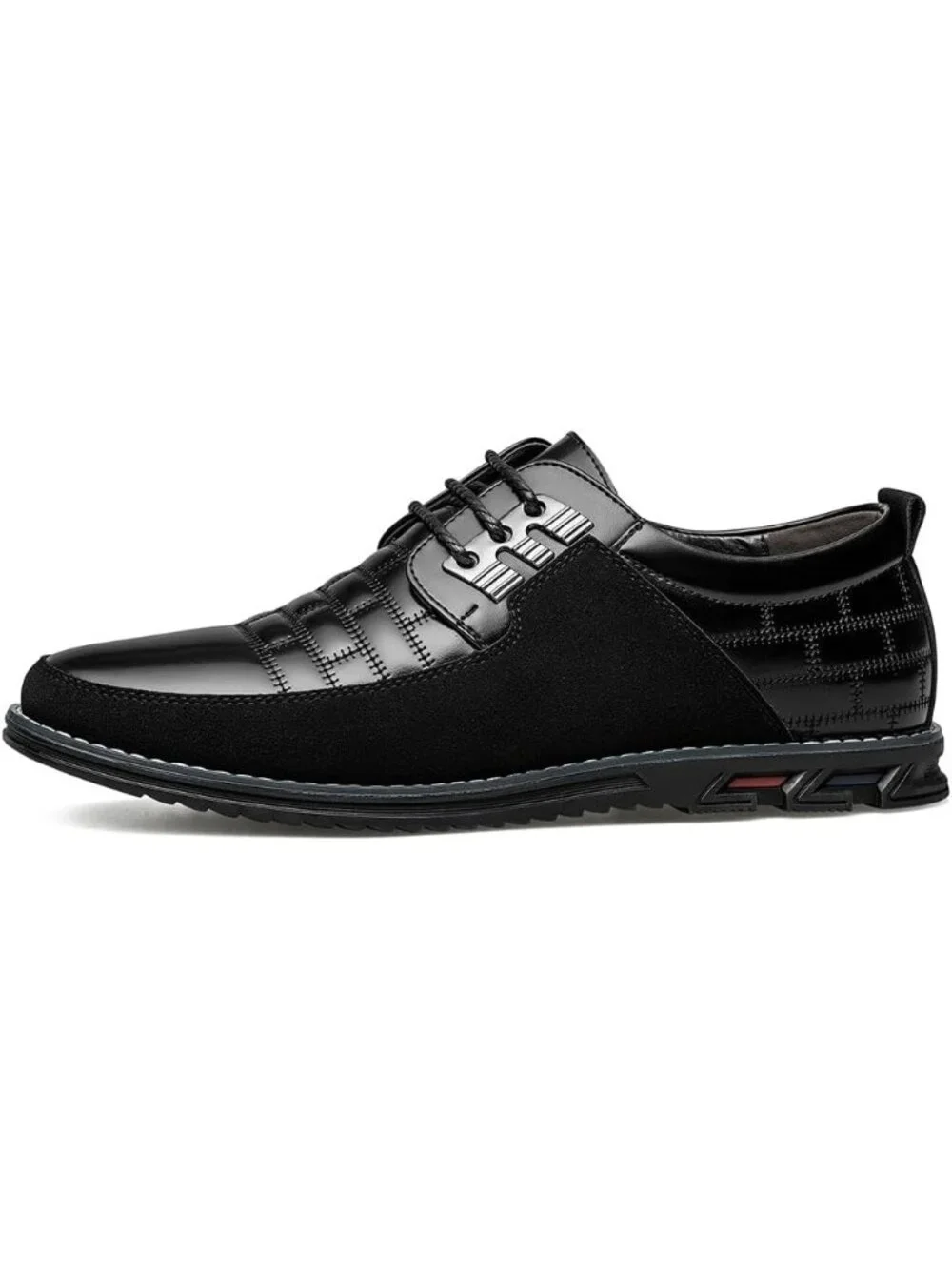 Men's Black Plaid Embossed Grid Leather Comfortable Hybrid Oxford Dress Sneakers